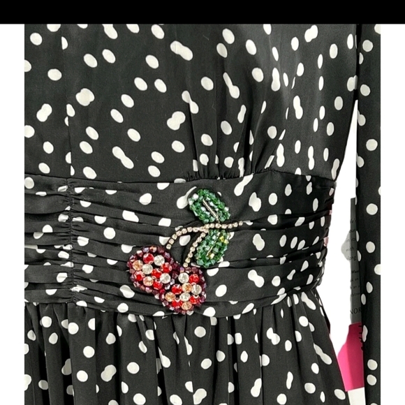 Betsey Johnson Black and White Polka Dot Low High Sleeve Dress Wirh CHERRY - Picture 3 of 5